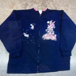 Navy Blue Zip-Up Jacket with Floral and Mouse Design